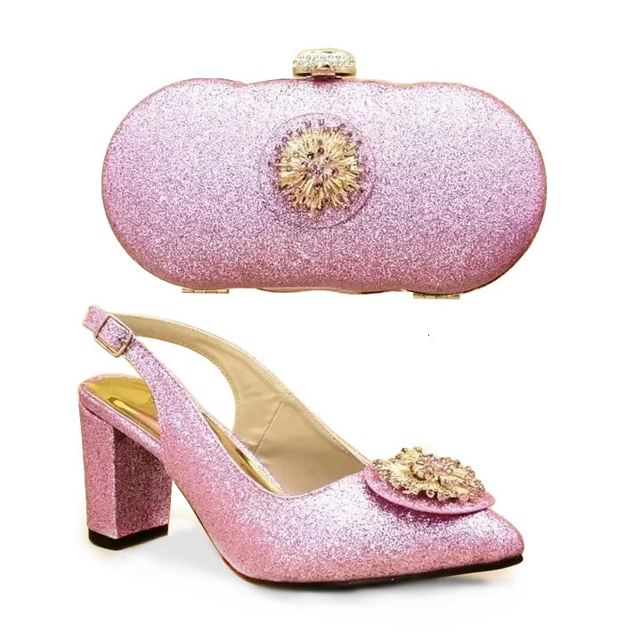 حفل مع صنادل مرنة ذات كعب عالٍ ورأس دائري على شكل فم سمكة مع حقيبة يد مرصعة بالألماس - Image 1